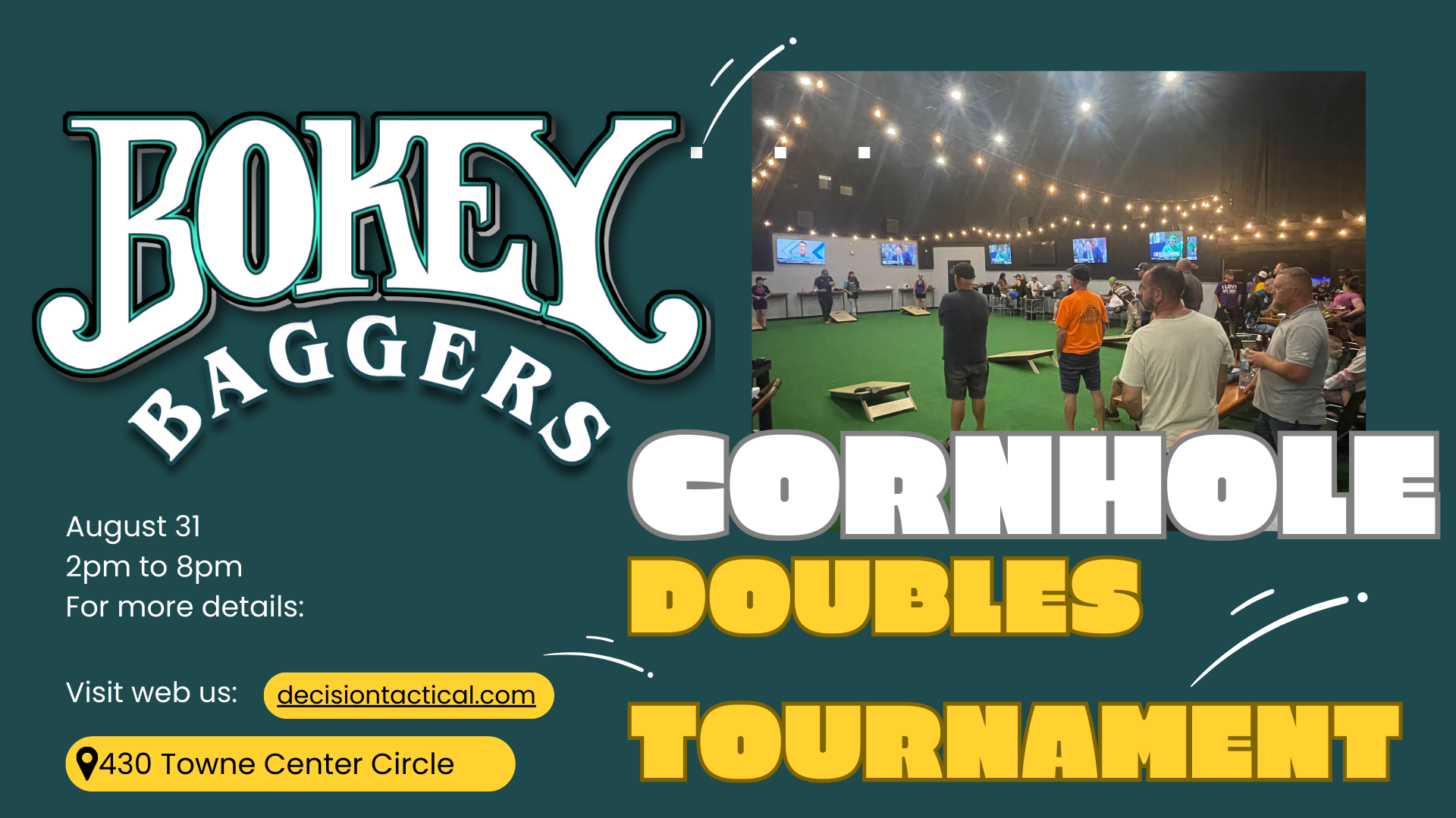 Join us on August 31st for a Shoot & Win CornHole Tournament at Decision Tactical. Enjoy family-friendly competition in our indoor, air-conditioned rec room. Savor food from our scratch kitchen, enjoy the DTAC Bar & Grill, and choose from over 8 beers on tap. RSVP today!