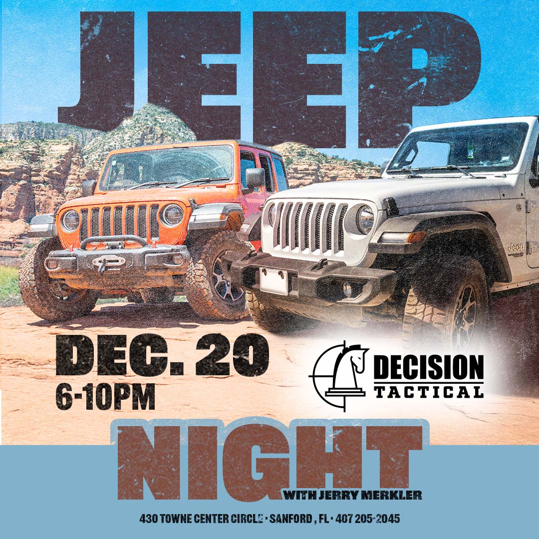 Jeep Night at Decision Tactical, Dec 20th, 6-10pm. A fun-filled evening with Jeeps, food, drinks, games, a shooting range, and entertainment!