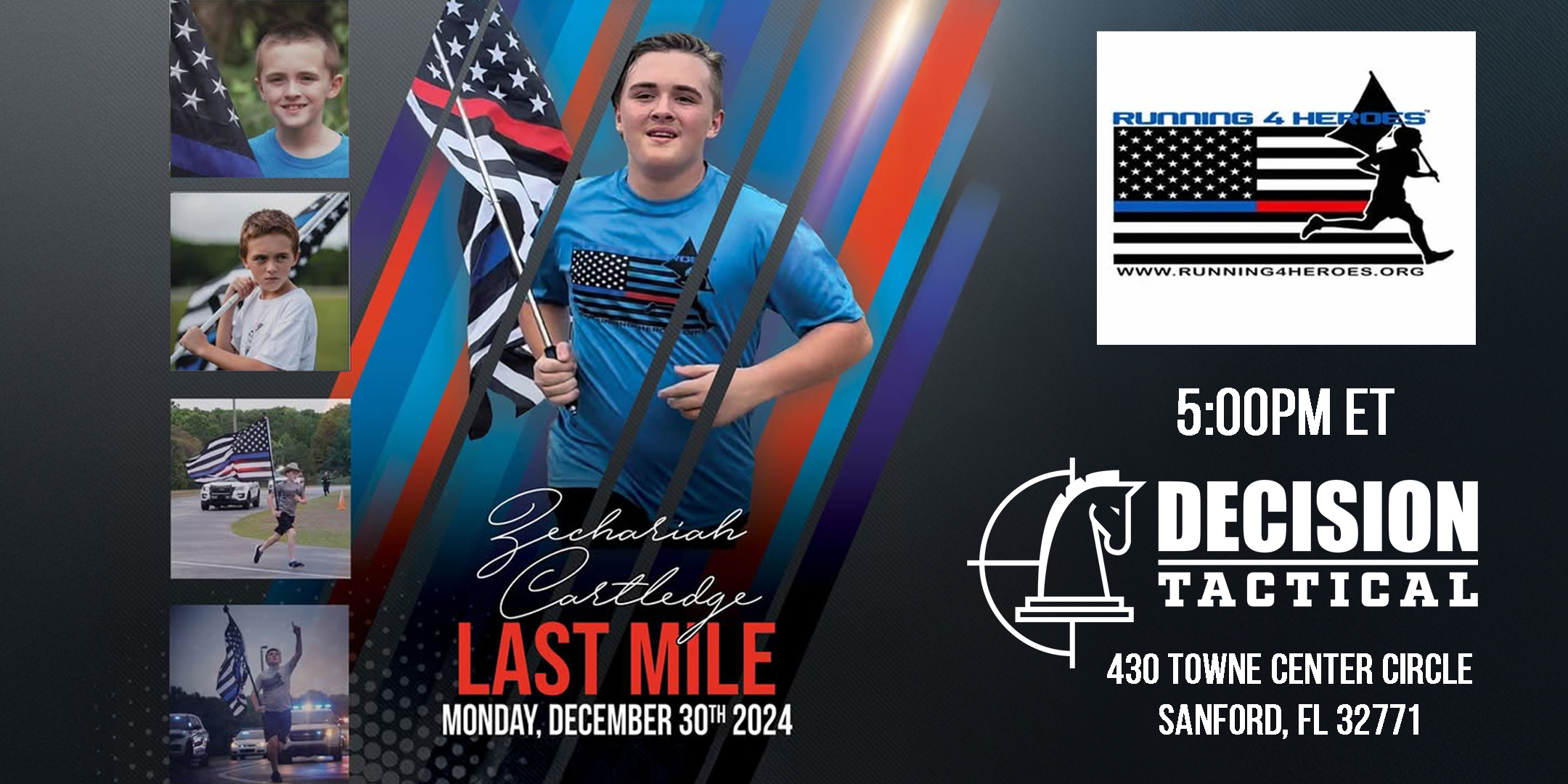 Running 4 Heroes founder Zechariah runs his final mile on Dec 30 at Decision Tactical, Sanford, honoring heroes and passing the mission forward.