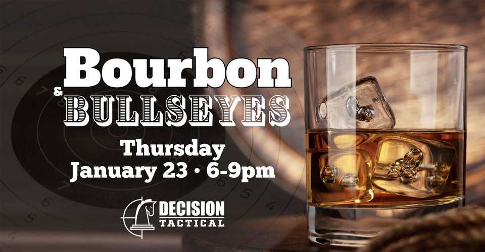 Save the Date flyer for Bourbon & Bullseyes on January 23, 2025, featuring bourbon tastings, a bourbon cocktail, a shooting range simulator, prizes, raffles, and more, hosted with Central Florida Strutters (NWTF). Tickets coming soon.