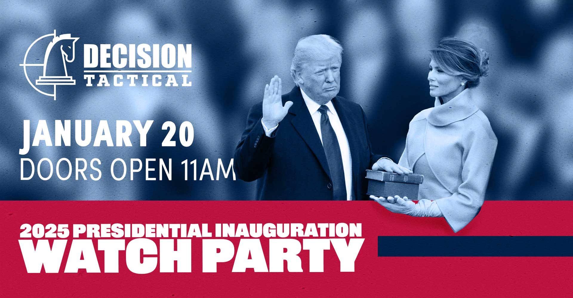 Promotional graphic for a 2025 Presidential Inauguration Watch Party on January 20th at 11 AM. Highlights include $9.99 Happy Hour specials on food and drinks, with the Swearing-In Ceremony at 12 PM ET and the Inaugural Parade following. Call ahead to reserve seating and inquire about special event packages.