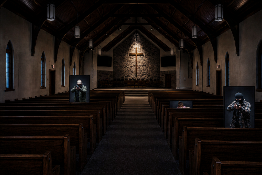 Matrix running inside a church sanctuary, with interactive armed-threat characters and a hiding child bystander displayed on screens among the pews for church security training