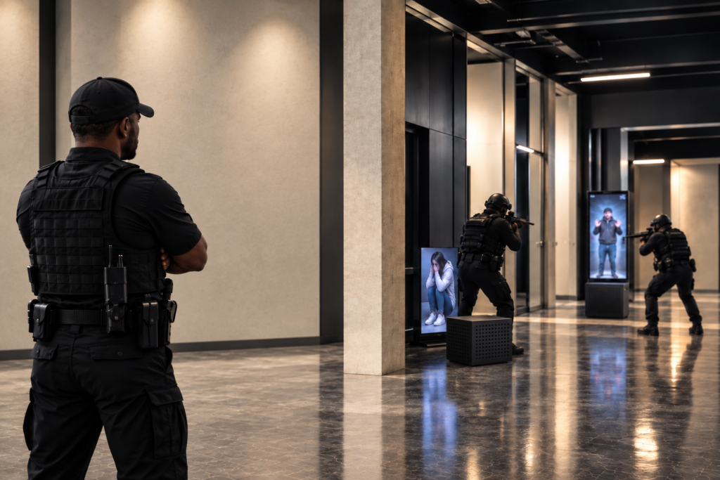 Trainer watching as two officers respond to a Matrix scenario in a commercial building, with interactive screens showing a frightened bystander and a person with raised hands